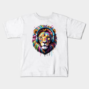 Vibrant Lion Groove: Colorful Majesty with Headphones Kids T-Shirt